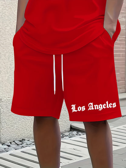 Men'S Los Angeles Graphic Print Casual Sportswear Set - Breathable Summer Short Sleeve T-Shirt & Drawstring Shorts with Pockets, Regular Fit, Crew Neck, Comfortable & Stylish for Casual Attire, Leisure Clothing | Trendy Sport