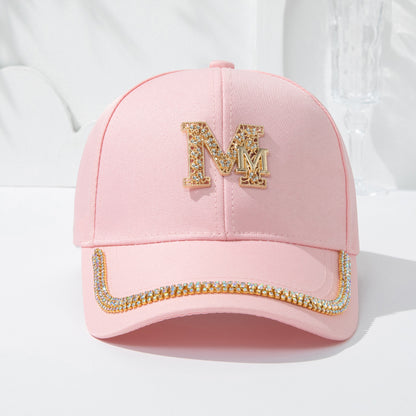 Women's Fashion Patch Baseball Cap With Metallic "M" Initial, Rhinestone Accents, Adjustable Snapback Cps, Wide Brim Sun Hats