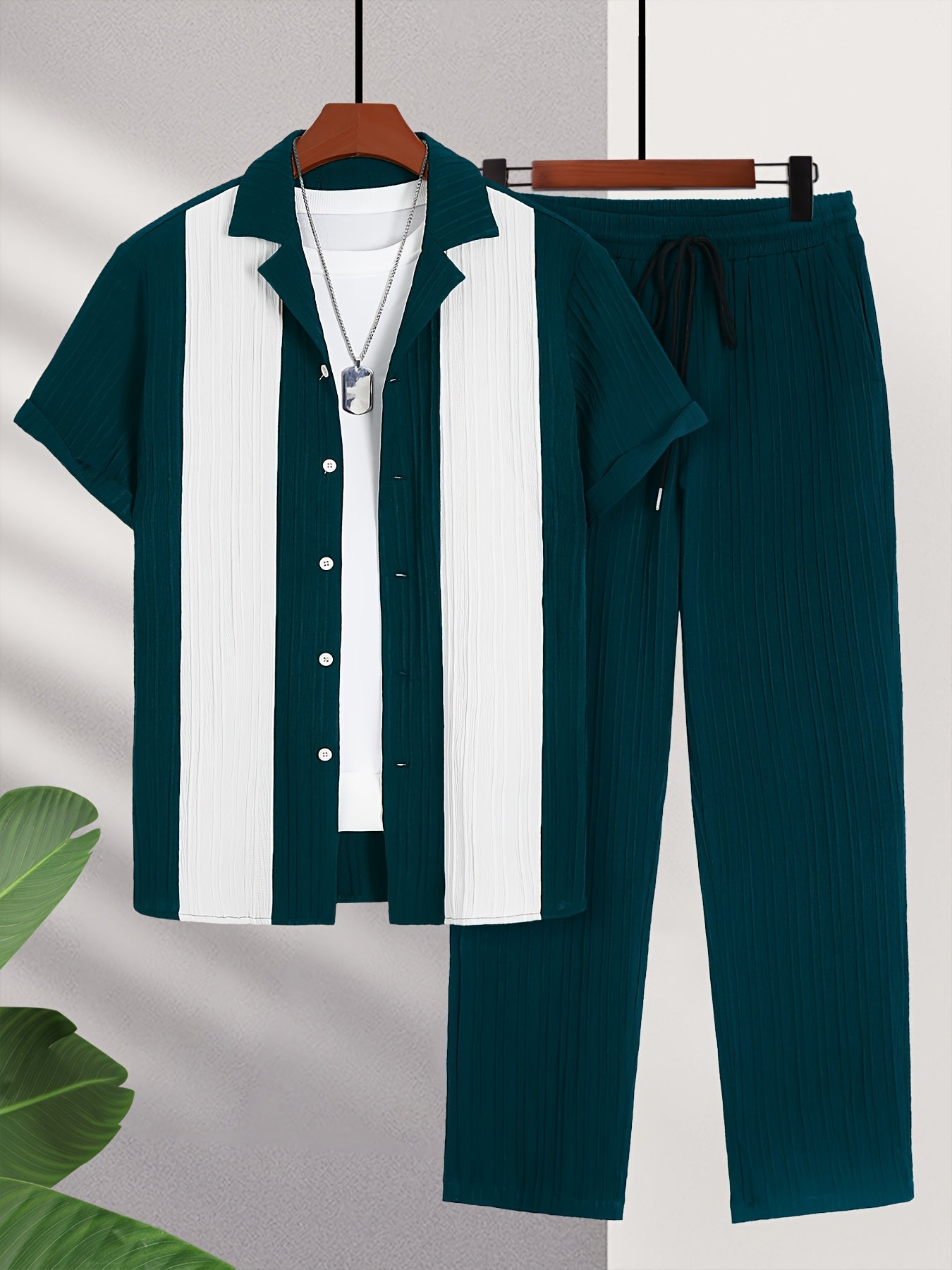 Men'S Color Block French Stripe Short Sleeve Shirt and Pants Set - Casual Button-Up Blazer with White Stripes, Dark Green Pants, Regular Fit for Casual Attire, Versatile Menswear | French Stripe Design | Nonstretch Fabric
