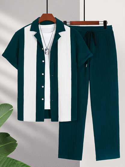 Men'S Color Block French Stripe Short Sleeve Shirt and Pants Set - Casual Button-Up Blazer with White Stripes, Dark Green Pants, Regular Fit for Casual Attire, Versatile Menswear | French Stripe Design | Nonstretch Fabric