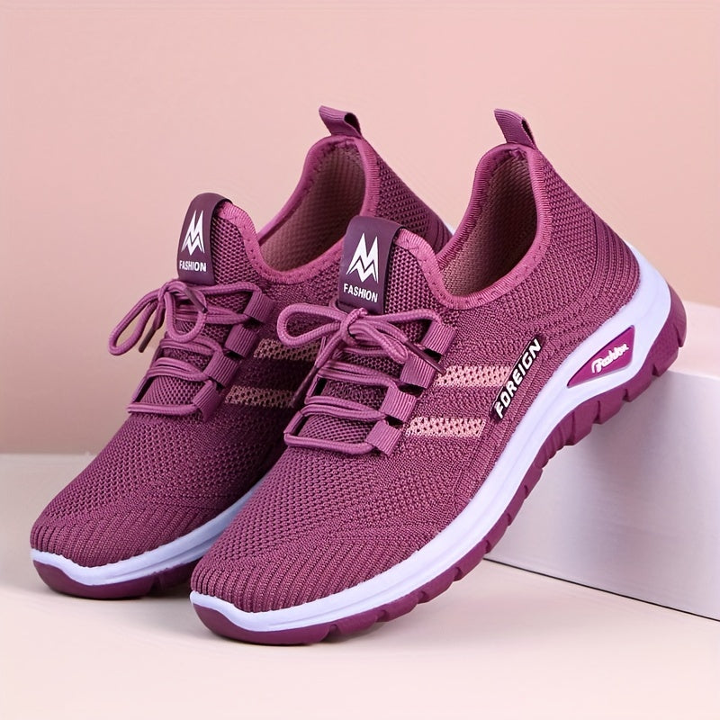 Women's Lightweight Breathable Knit Running Sneakers - Casual Sneakers with Lace-Up Closure, Dual-Layer PVC Sole for Easy Wear & Comfort, Black & Red Striped Design, Perfect for Outdoor Activities, Walking, and Daily Commute,