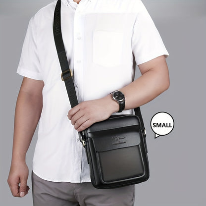 DOSHENG Men's Stylish Black Synthetic Leather Crossbody Bag - Adjustable Strap, Multi-Compartment Business Casual Satchel with Embossed Dinosaur Logo for Office Use, Versatile Crossbody Bag | Stylish Men's Accessory | Metalli