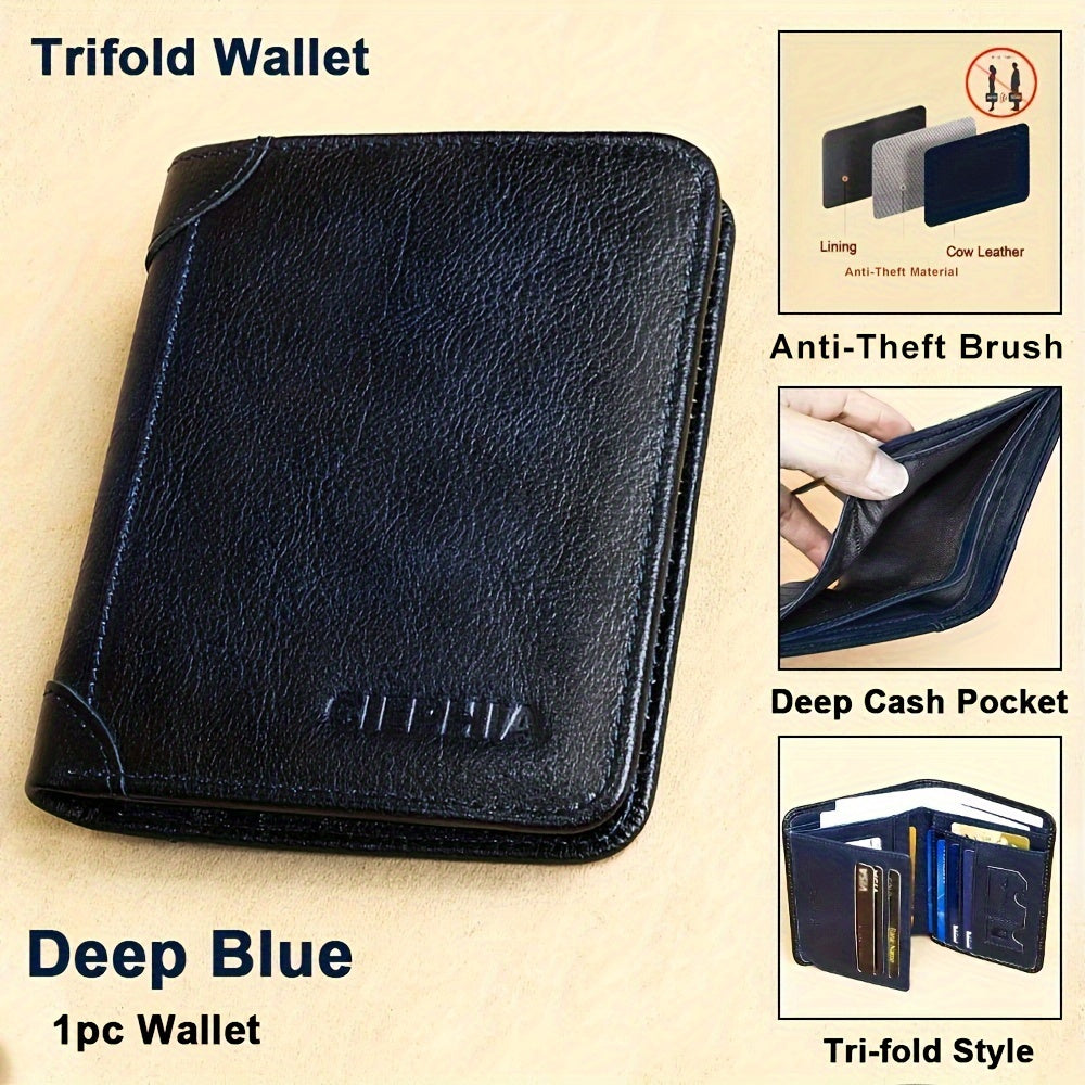 1pc CIEPHIA Vintage Genuine Leather RFID Blocking Wallet for Men - Slim, Multi-Functional ID & Credit Card Holder, Deep Brown with Embossed Logo, Ideal Gift for Valentine's Day