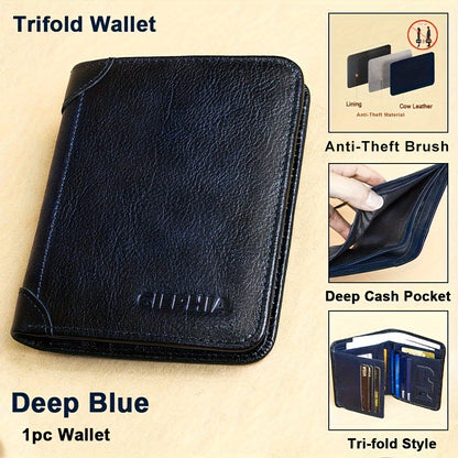 1pc CIEPHIA Vintage Genuine Leather RFID Blocking Wallet for Men - Slim, Multi-Functional ID & Credit Card Holder, Deep Brown with Embossed Logo, Ideal Gift for Valentine's Day