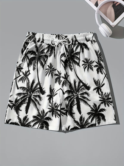 Men's Tropical Coconut Tree Print Drawstring Shorts - Casual, Loose-Fit Beachwear with Pockets