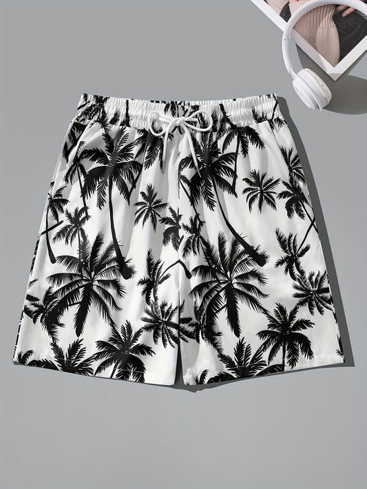 Men's Tropical Coconut Tree Print Drawstring Shorts - Casual, Loose-Fit Beachwear with Pockets