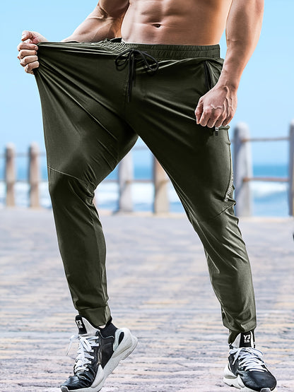 Men's Casual Athletic Pants - Stretch Polyester, Side Zipper Detail, Drawstring Waist, Green Joggers with Pockets for Sports & Leisure