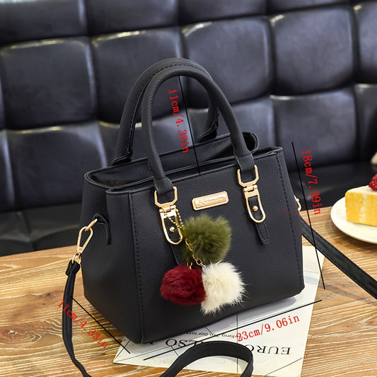 Stylish Lychee Pattern Handbag with Adjustable Strap and Pom Pom Ball Charms - Versatile Shoulder Handbag for Women in Black, Army Green, Khaki, Light Grey, Dark Grey, Red, Crossbody Purse, Charming Pom Pom Accents, Metallic