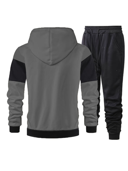 Elson OBM Men's Autumn and Winter Sportswear Set, Men's Color Block Long Sleeve Hooded Zip-Up Jacket with Solid Drawstring Joggers Outdoor and Sports Outfit... Top Bottoms Set