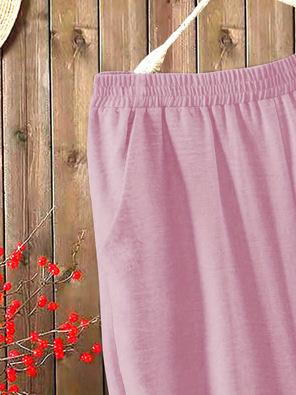 Women'S Solid Color V-Neck Short Sleeve Shirt with Elastic Waist Wide-Leg Pants Two-Piece Set