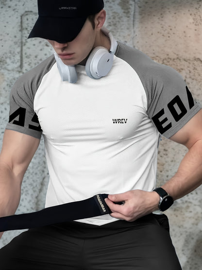 Men's Quick-Dry Breathable Mesh Sports T-Shirt - Summer Gym Workout Top with Contrast Black & White Sleeves & for Man Letter Print, Slim Fit for Running Training Casual Wear, Breathable Running Gear | Sporty Casual Tee | Mesh