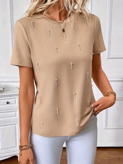 Women'S Beaded Embellished Short Sleeve T-Shirt - Round Neck Casual Top for Spring & Summer, Lightweight Polyester Blend, Elegant Beaded Detailing, Perfect for Casual Attire