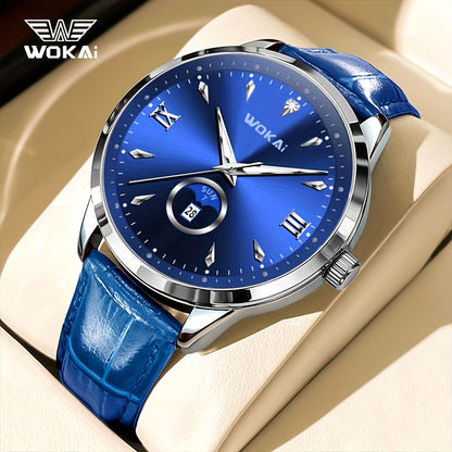 WOKAI Men's Sporty Watch with Glowing Dial, World Time & Date, Round Plastic Case, Faux Leather Strap, Battery-Powered, Perfect Gift for Spring & Summer