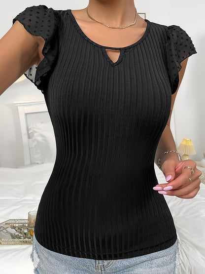 Women's V-Neck Lace Sleeve Top - Middle Eastern-Inspired Breathable Stretchy T-Shirt, Solid Blue Machine Washable Spring/Summer Casual & Formal Wear, Summer Outfit, Feminine Style, Comfortable Fit, Stylish Blouse, Summer Ward