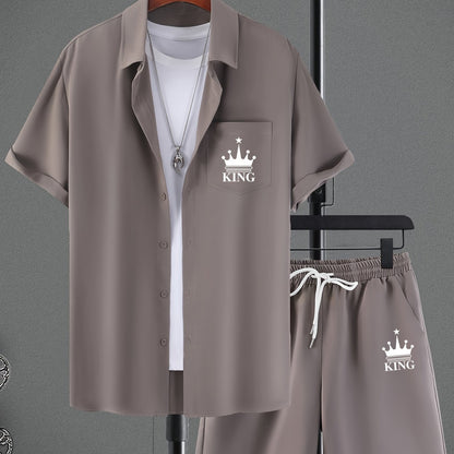 Men's Casual Short Sleeve Collar Shorts Printed Fashion Suit