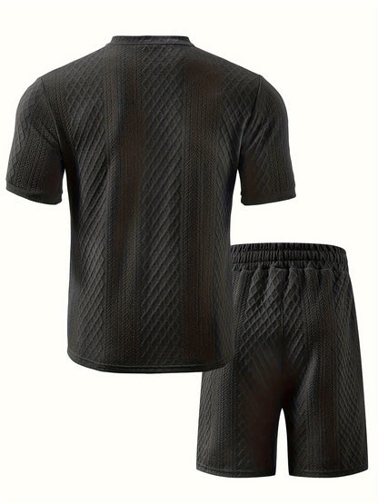 Two-Piece Set, Men'S Summer Outfit, Jacquard Set, Round Neck Short Sleeve, Drawstring Shorts, High Weight Fabric, Casual Ensemble.