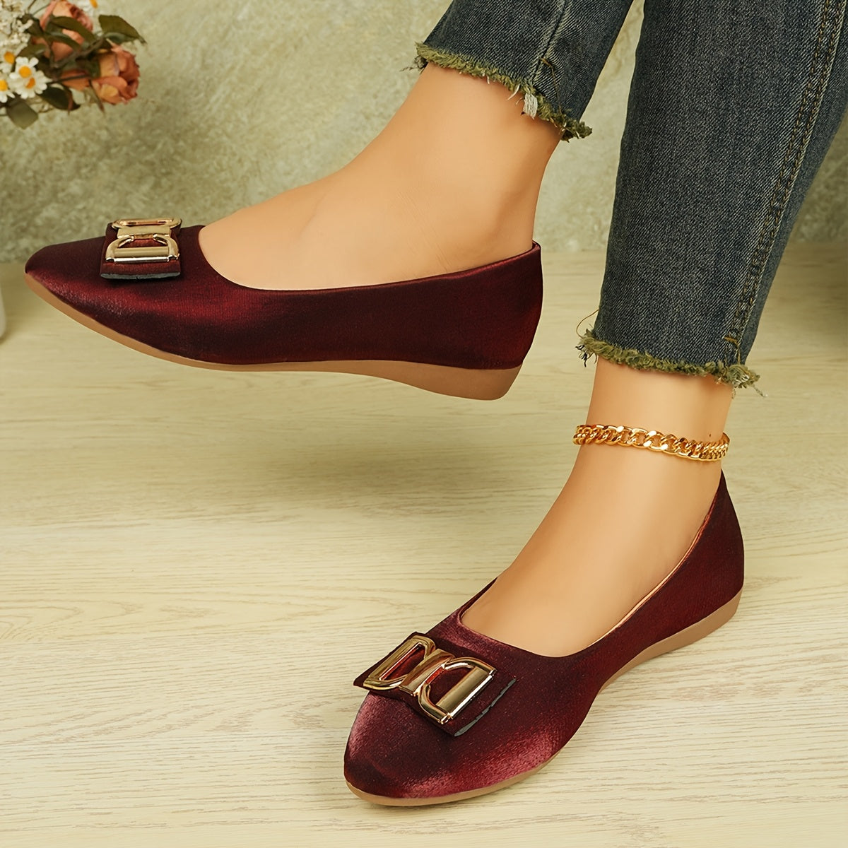 Women's Elegant Red Slip-On Flats with Golden Double Buckle Design - Comfortable Faux Cover Shoes for All Seasons, Pointed Toe Rubber Sole, Perfect for Casual or Dressy Occasions, Dressy Flats | Buckle Embellished Shoes | Lux