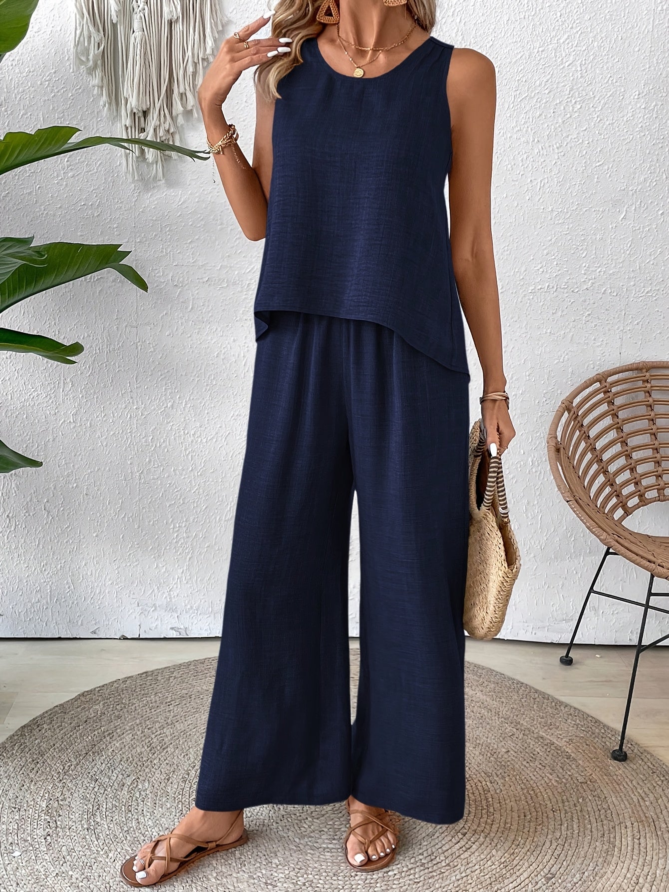 Women'S Summer Backless Cut-Out Panel Tank Top + Wide Leg Pants Set - Casual, Simple, Sleeveless, Polyester, Light Beige, Perfect for Spring/Summer, Casual Attire|Backless Top|Polyester Fabri