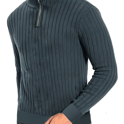Men'S Casual Polyester Sweater, Solid Color, High Neck Quarter Zip, Long-Sleeved Pullover, Regular Fit, 100% Polyester Knit Fabric, 230g/m² - Fall/Winter Essential