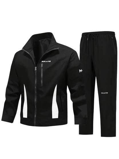 Men'S Casual Sportswear Set - Black Jacket with Zipper Pockets & White Accents, Matching Pants, Perfect for Spring & Fall, Sportswear Outfit|Zippered Jacket|Functional Pockets