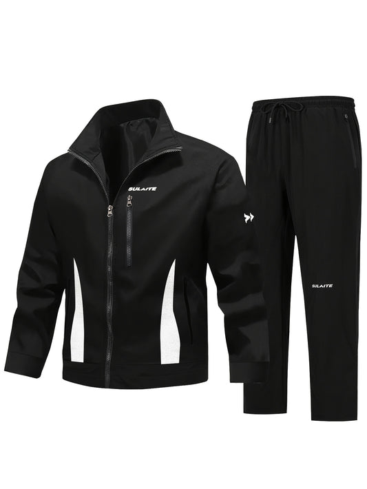 Men'S Casual Sportswear Set - Black Jacket with Zipper Pockets & White Accents, Matching Pants, Perfect for Spring & Fall, Sportswear Outfit|Zippered Jacket|Functional Pockets