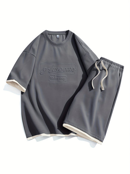 Men's Casual Fashion Sportswear Set - Light Gray "DREAMS" Print T-Shirt & Shorts, 100% Polyester, Machine Washable, Summer Outfit
