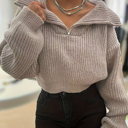 Autumn and Winter Half-Zip Short Fashion Lantern Sleeve Pullover Sweater to Show Your Figure and Versatile