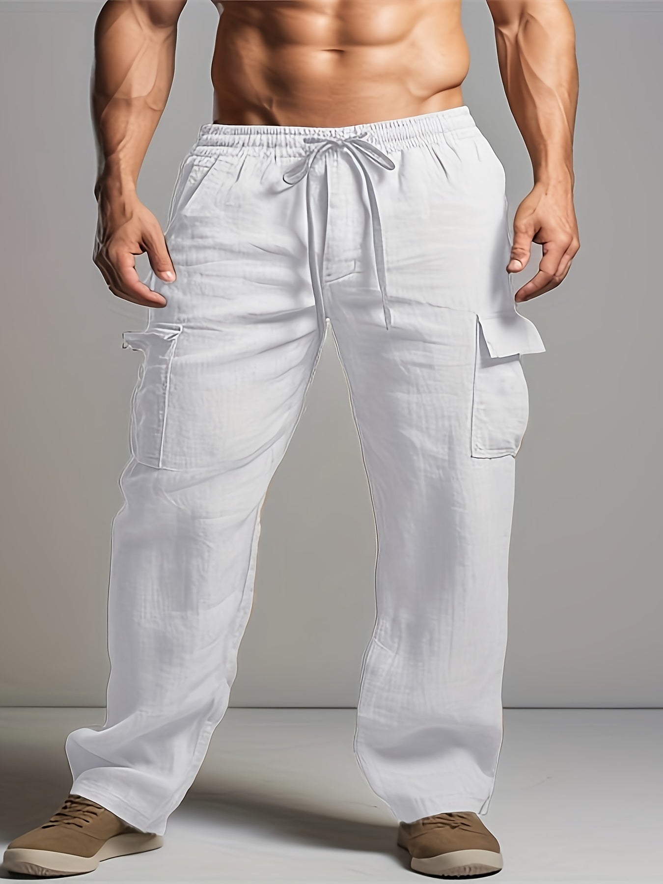 Solid Retro Men's Cotton And Linen Drawstring Long Trousers With Multiple Pockets, Outdoor Daily