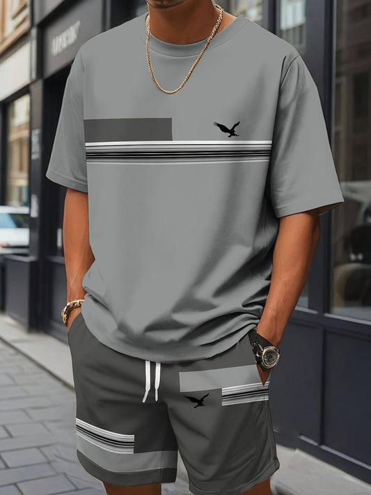 Men'S Casual Summer Two-Piece Athletic Wear Set - Light Blue T-Shirt with Green & White Stripes, Matching Shorts, Perfect for Daily Leisure, Vacation, and Sports, Casual Sportswear | Relaxed Fit Shorts | Stretchable Fabric