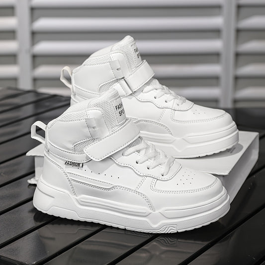Boys & Girls Mid-Top Sneakers with Closure - Lightweight PU & EVA Cushioned Sole, All-Season Comfort for School, Play & Casual Wear - White