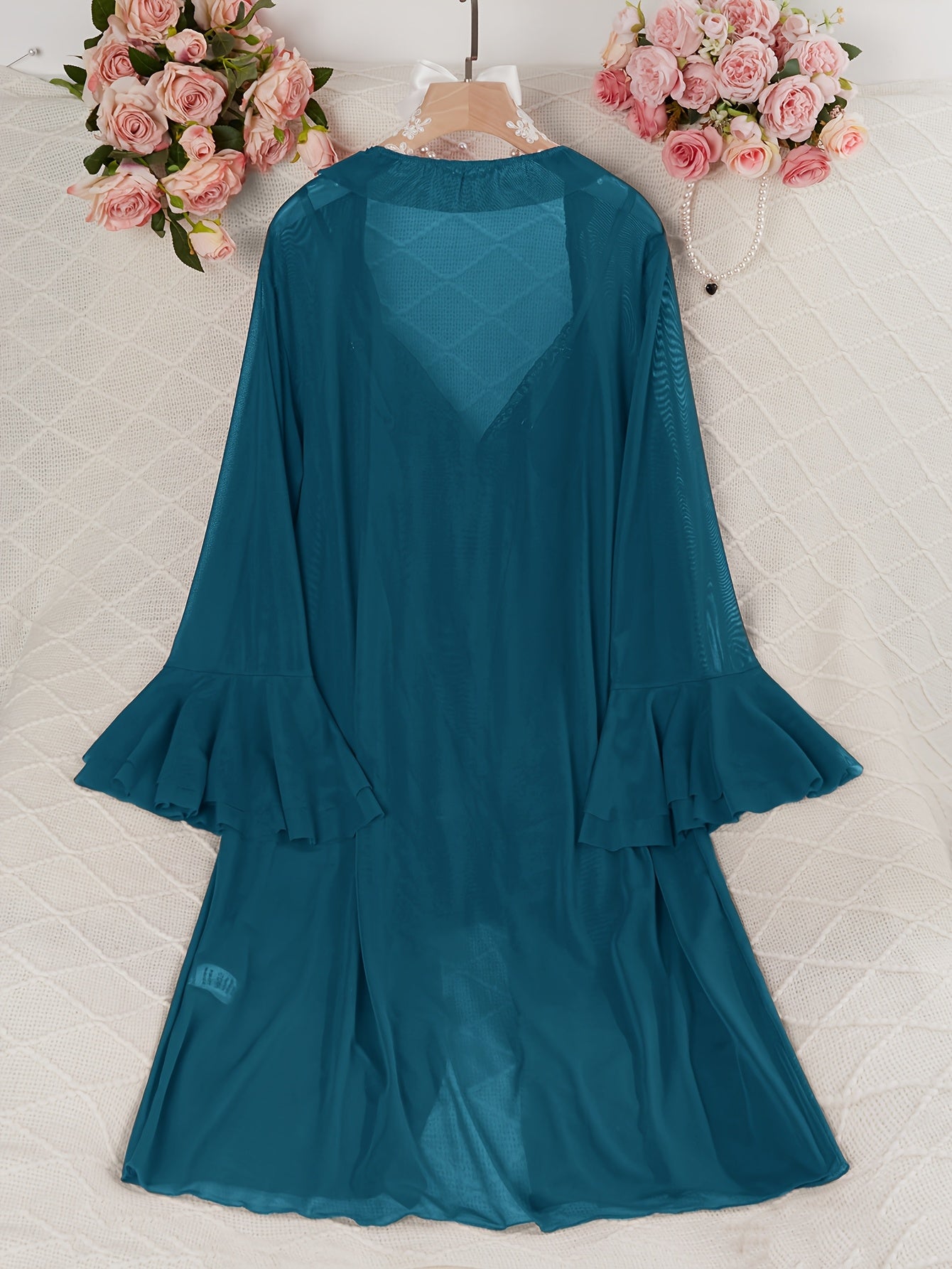 Sexy Mesh Semi-Sheer Strap+Cute Ruffle Long Sleeve Lightweight Mesh Outerwear Pajama Set