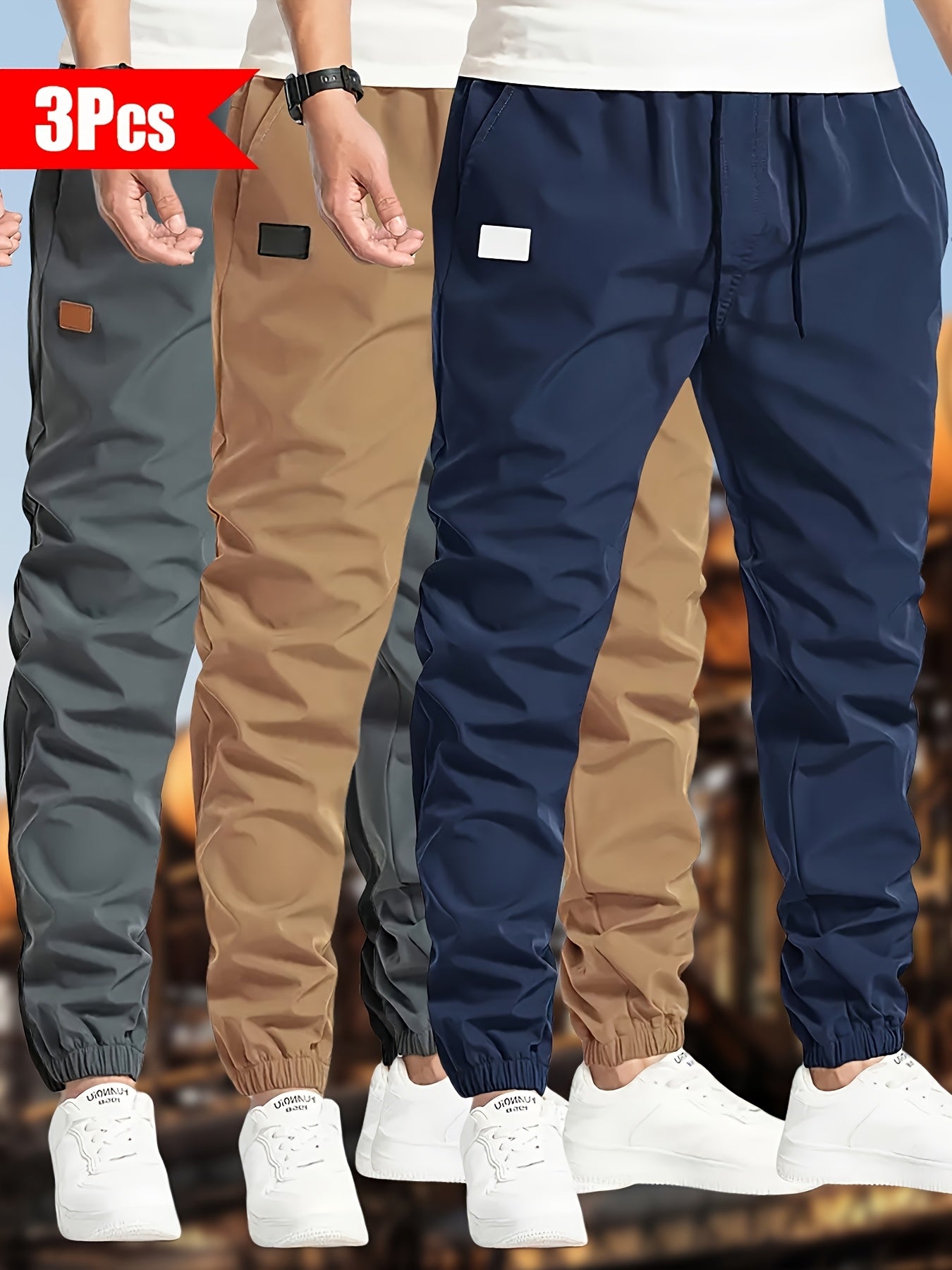 3pcs Men's Solid Color Drawstring Joggers - Casual Cargo Cropped Pants, Polyester, Machine Washable, in Black, Dark Gray, Olive Green with Patch Detail