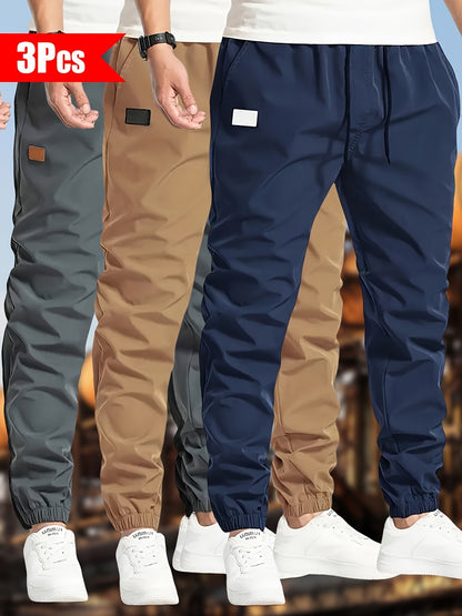 3pcs Men's Solid Color Drawstring Joggers - Casual Cargo Cropped Pants, Polyester, Machine Washable, in Black, Dark Gray, Olive Green with Patch Detail