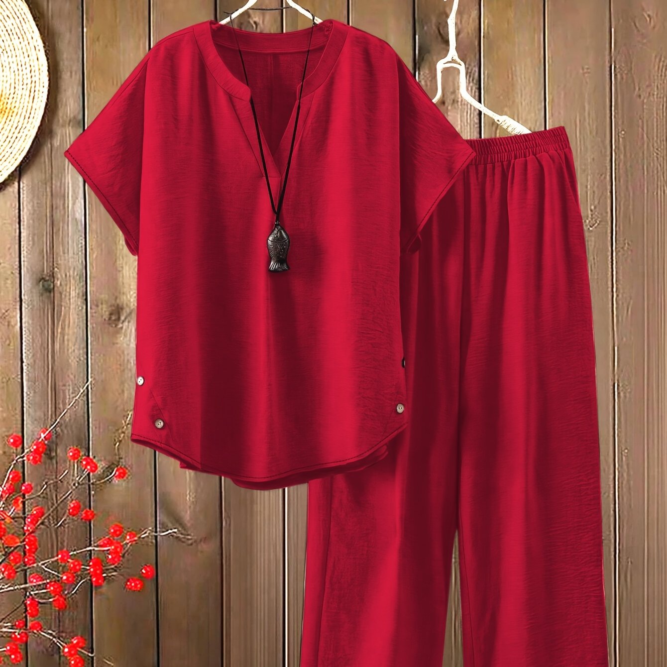 Women'S Solid Color V-Neck Short Sleeve Shirt with Elastic Waist Wide-Leg Pants Two-Piece Set