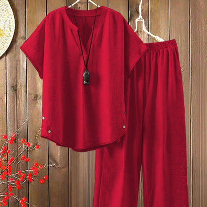 Women'S Solid Color V-Neck Short Sleeve Shirt with Elastic Waist Wide-Leg Pants Two-Piece Set