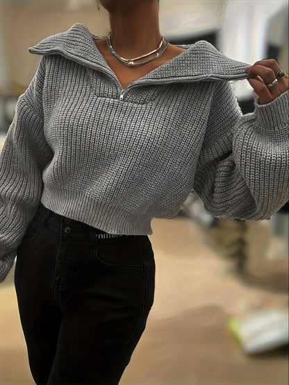 Autumn and Winter Half-Zip Short Fashion Lantern Sleeve Pullover Sweater to Show Your Figure and Versatile