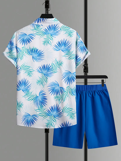 Men's Casual Suit Set with Short Sleeve Shirt and Printed Shorts