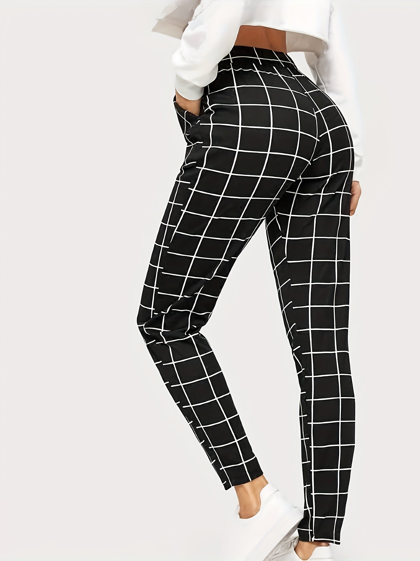 Plaid Print High Waist Pants Elegant Straight Leg Slants Pockets Pants, Women's Clothing