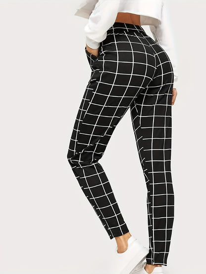 Plaid Print High Waist Pants Elegant Straight Leg Slants Pockets Pants, Women's Clothing