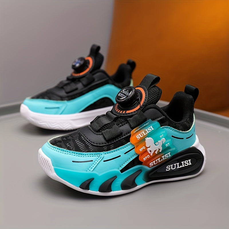Kid's Trendy Colour Block Sneakers with Rotating Buckle, Comfy Non Slip Durable Shoes for Boy's & Girl's Outdoor Activities
