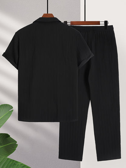 Men'S Color Block French Stripe Short Sleeve Shirt and Pants Set - Casual Button-Up Blazer with White Stripes, Dark Green Pants, Regular Fit for Casual Attire, Versatile Menswear | French Stripe Design | Nonstretch Fabric