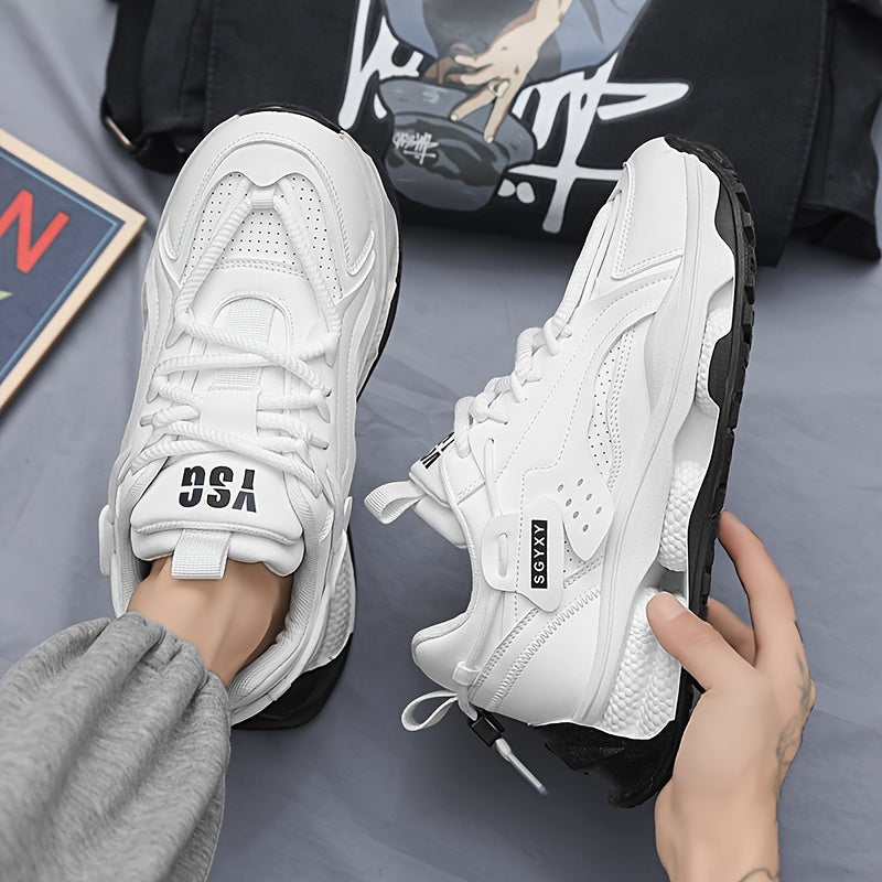 Men's Trendy Solid Colour Chunky Sneakers, Comfy Non Slip Durable Lace Up Soft Sole Shoes For Men's Outdoor Activities
