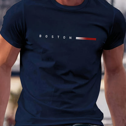 Men's Heavyweight 180gsm Cotton T-Shirt - Dark Gray Crew Neck Tee with Bold "Boston" Print, All-Season Everyday & Formal Shirt for Men - Machine Washable Luxury Casual Top, Versatile Clothing, Modern Design, Premium Fabric, S