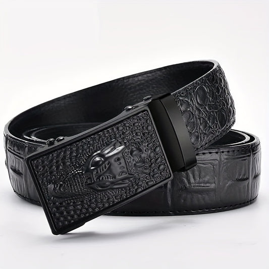 Men'S Vintage Alligator Print Automatic Buckle Belt - Black Genuine Leather, Stylish Business Casual Accessory with Detailed Texture Design, Everyday Belt|Stylish Accessory|Durable Leather Belt