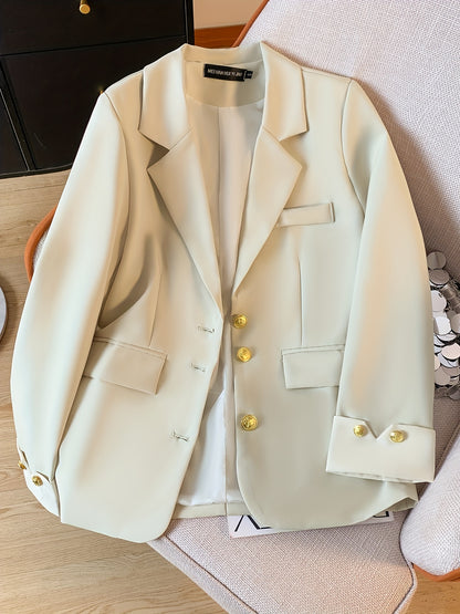 Chic Light Blue Slim-Fit Blazer կանանց համար. Նորաձև երկարաթև աշխատանքային գրասենյակային վերնազգեստ ոսկե կոճակով, էլեգանտ պոլիեսթեր գործվածք, կատարյալ գարնան և աշնան համար