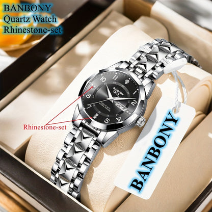 Banbony Women'S Quartz Watch - Luxury IPX7 Waterproof Stainless Steel Strap, Luminous Display, Rhinestone Accents, Date & Night Light, Minimalist Black Dial, Perfect Gift for Women, Casual Timepiece, Elegant Timepiece, Highqu