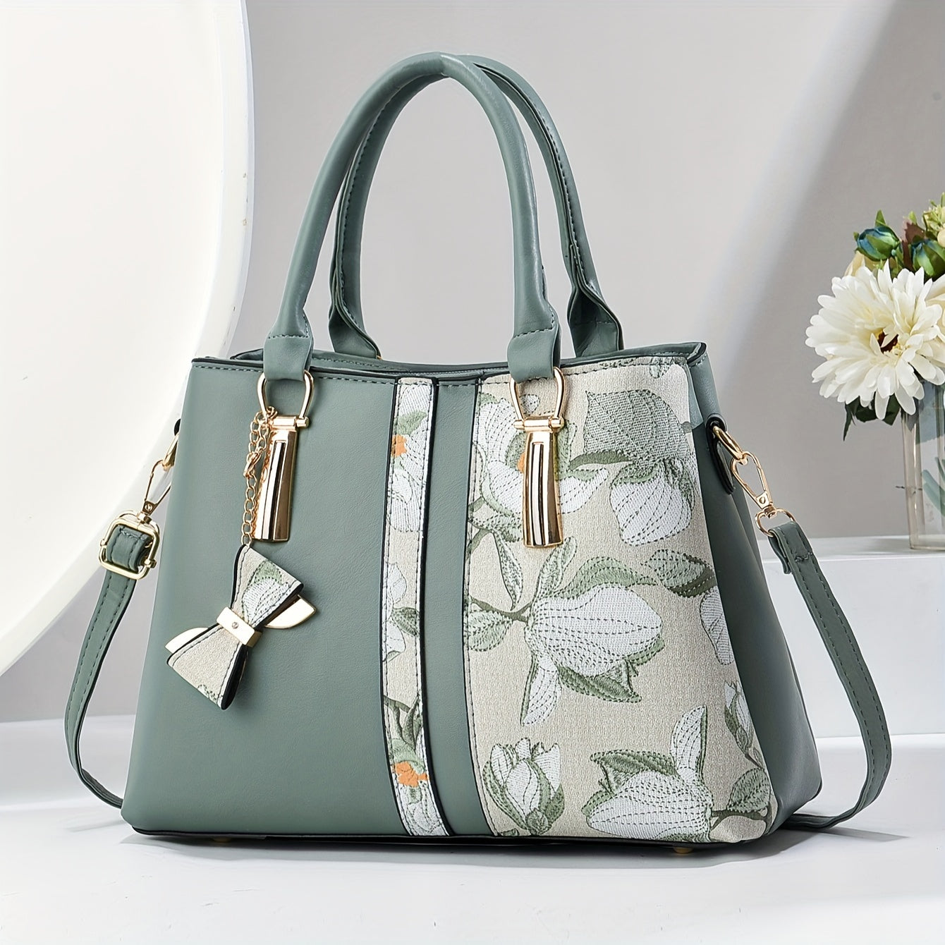 Chic Floral Print Handbag for Wo - Spacious 3-Layer Design with Pockets, Zip Closure, Durable PU Material - Available in Khaki, Cream, Green, Blue, Black