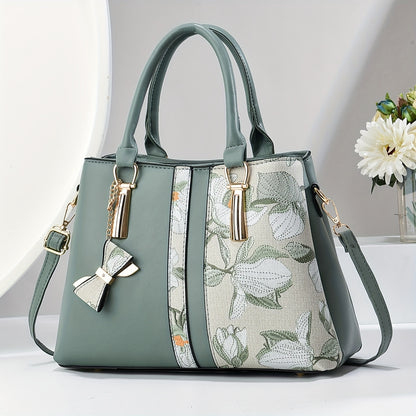 Chic Floral Print Handbag for Wo - Spacious 3-Layer Design with Pockets, Zip Closure, Durable PU Material - Available in Khaki, Cream, Green, Blue, Black