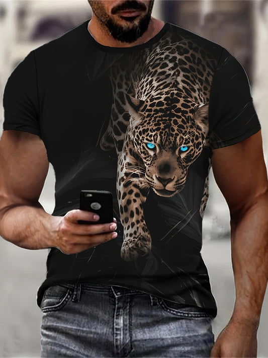 Men's Black T-Shirt with Bold Leopard Face Graphic - Short Sleeve Round Neck Casual Shirt, Lightweight Summer Top for Gym, Everyday & Formal Outfits - Machine Washable Bold Animal Print Tee, Comfortable Fit