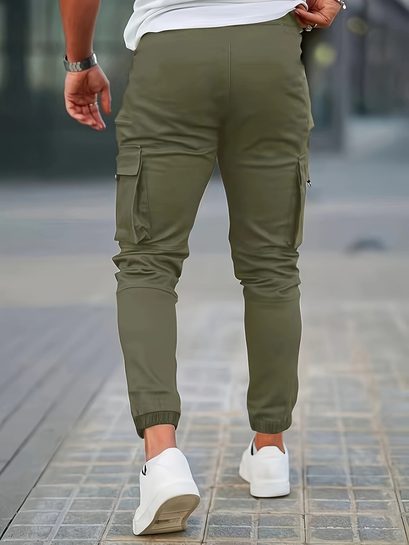 Men's Solid Color Multi-pocket Cargo Pants With Drawstrings, Casual Stylish Sports Trousers As Gift